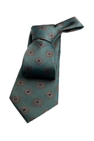 Olive Green & Brown Geometric Foulard Silk Tie