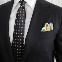 Navy & Yellow Foulard Pattern Silk Tie & Palm Trees Silk Pocket Square