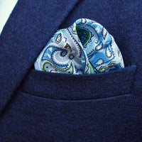 Light Blue & Green Paisley Silk Pocket Square