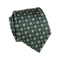 Green, Silver & Gold Geometric Foulard Patterned Silk Tie