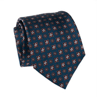Turquoise, Rust Orange & Silver Geometric Foulard Patterned Silk Tie