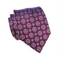 Burgundy & Silver Medallion Foulard Silk Tie