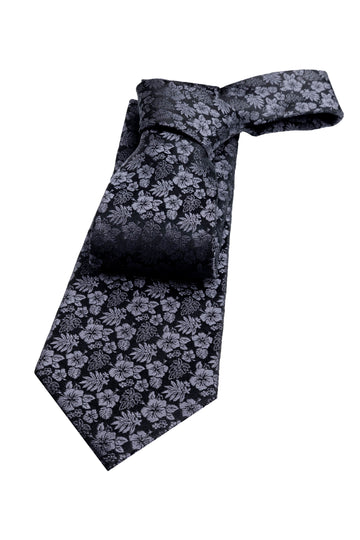 Black & Greyish Silver Floral Silk Tie