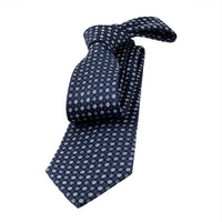 Navy, Silver & Light Blue Geometric Foulard Patterned Silk Tie