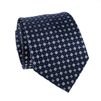 Navy, Silver & Light Blue Geometric Foulard Patterned Silk Tie