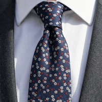 Navy, Red & Silver Floral Silk Tie | Wedding Floral Silk Tie