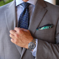 Navy, Turquoise & White Geometric Foulard Patterned Silk Tie & Navy & Turquoise Floral Linen Pocket Square