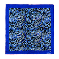 Blue Paisley Silk Pocket Square with Pink Hand Rolled Contrasting Edges