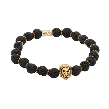 Black Lava Stone Gold Lion Beaded Bracelet