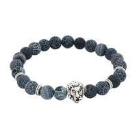 Black & Grey Agate Silver Lion Beaded Bracelet