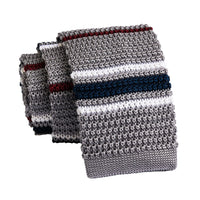 Grey & Burgundy Stripes Knitted Silk Tie