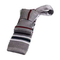 Grey & Burgundy Stripes Knitted Silk Tie