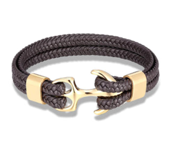 Dark Brown & Gold Leather Anchor Bracelet