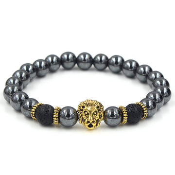 Black beaded bracelet with gold lion's head