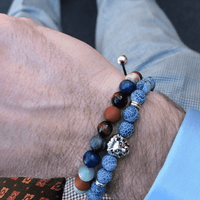 Silver Lion Black & Grey Agate Beaded Bracelet