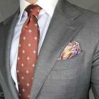 Burgundy & Silver Geometric Foulard Patterned Silk Tie & Gold Paisley Silk Pocket Square
