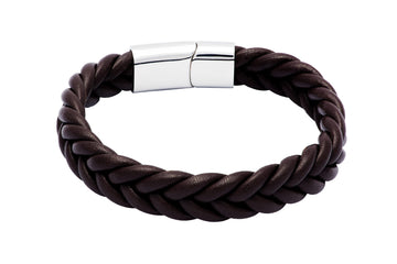Brown Rope Chain Leather Bracelet Stainless Steel Clasp