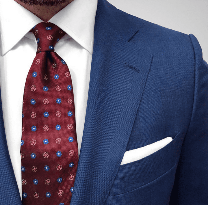 Burgundy Foulard Tie & Navy Suit