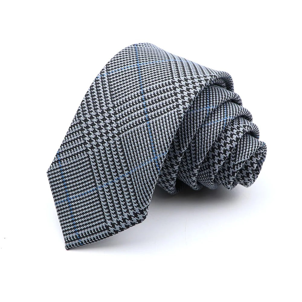 Grey Plaid Skinny Cotton Blend Tie 