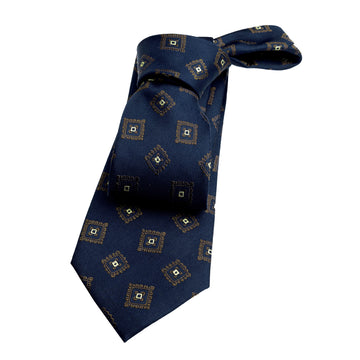 Navy  & Bronze Geometric Foulard Silk Tie 