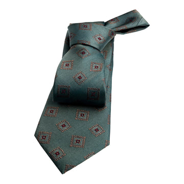 Olive Green & Brown Geometric Foulard Silk Tie 