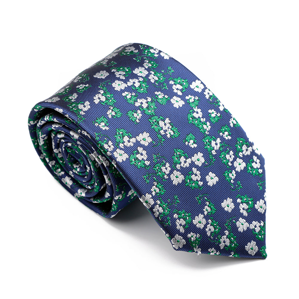 Blue, Green & Silver Floral Polyester Tie
