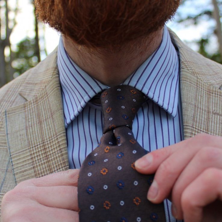 Navy, Brown & Orange Geometric Foulard Silk Tie