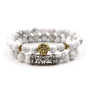 White Howlite Gold Lion Stackable Beaded Bracelets 
