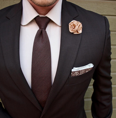 Solid Brown Silk Tie & Cream Lapel Flower 