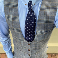 Navy, Light Blue & Silver Geometric Foulard Silk Tie 