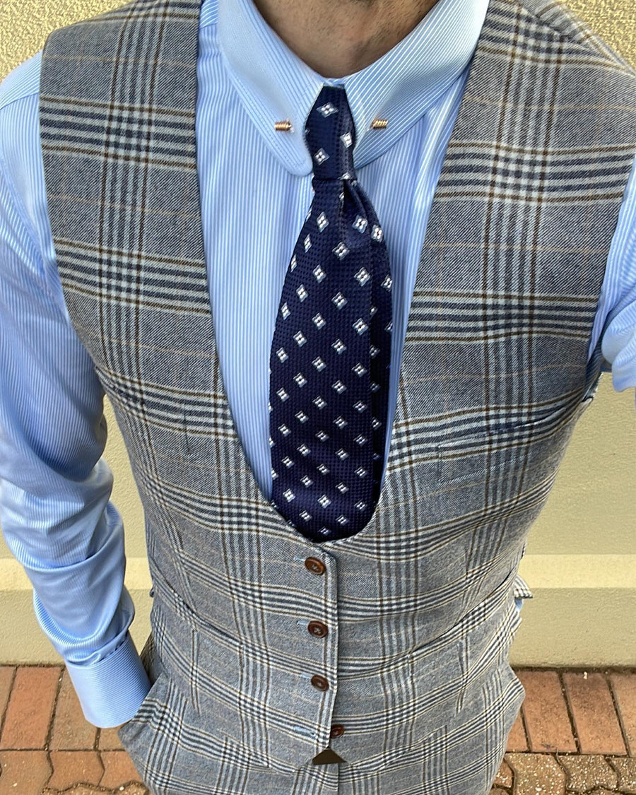 Navy, Light Blue & Silver Geometric Foulard Silk Tie 