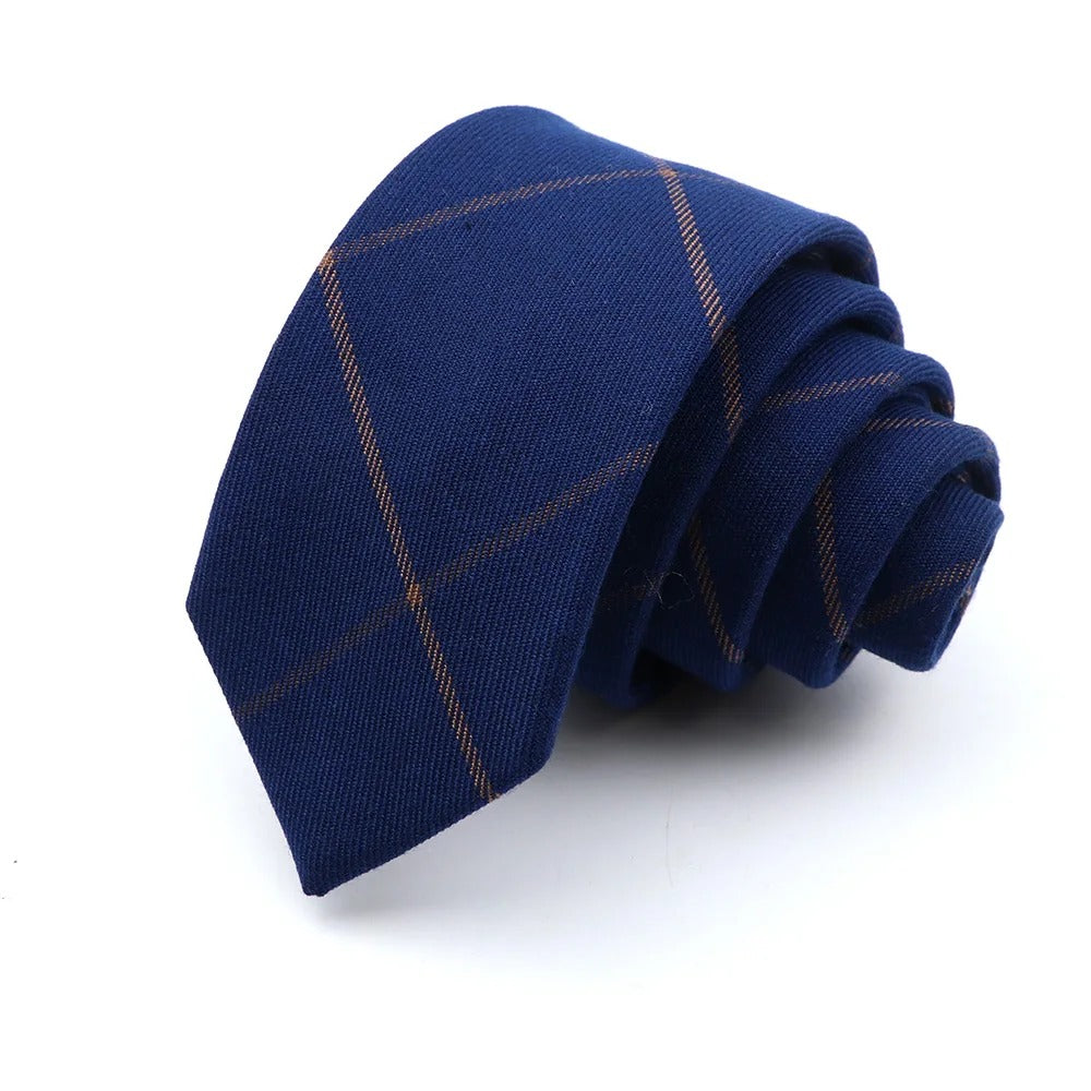 Blue Skinny Plaid Cotton Blend Tie  