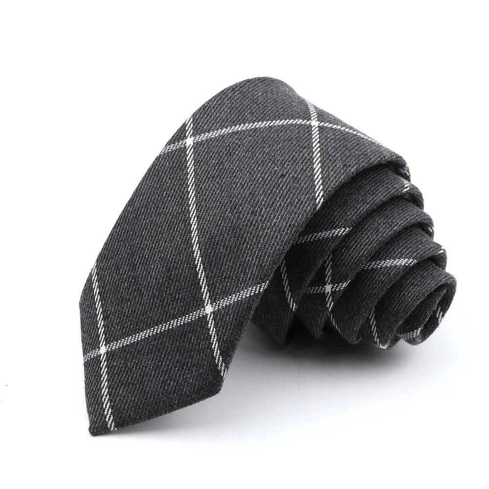 Grey Plaid Skinny Cotton Blend Tie