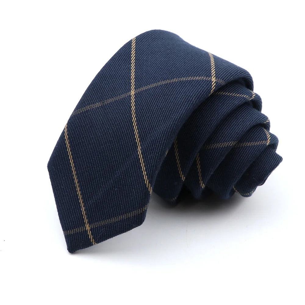 Navy & Gold Plaid Skinny Cotton Blend Tie 