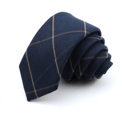 Navy & Gold Plaid Skinny Cotton Blend Tie 
