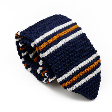 Navy, White & Light Brown Striped Knit Tie | Striped Knitted Tie