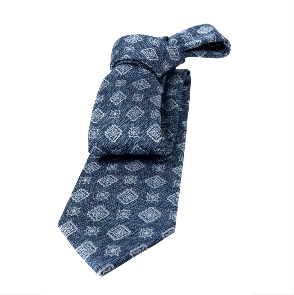 Bluish Grey, Light Grey & Silver Medallion Foulard Silk Tie