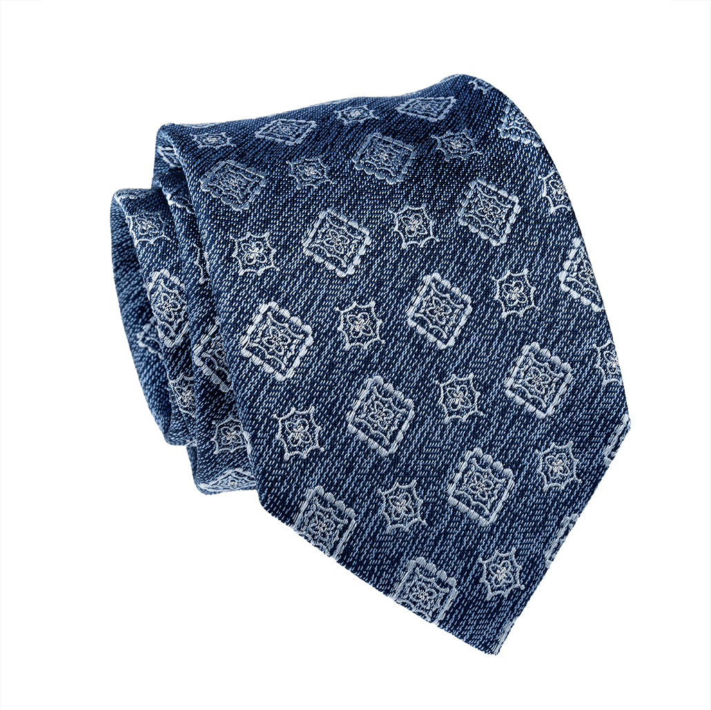 Bluish Grey, Light Grey & Silver Medallion Foulard Silk Tie