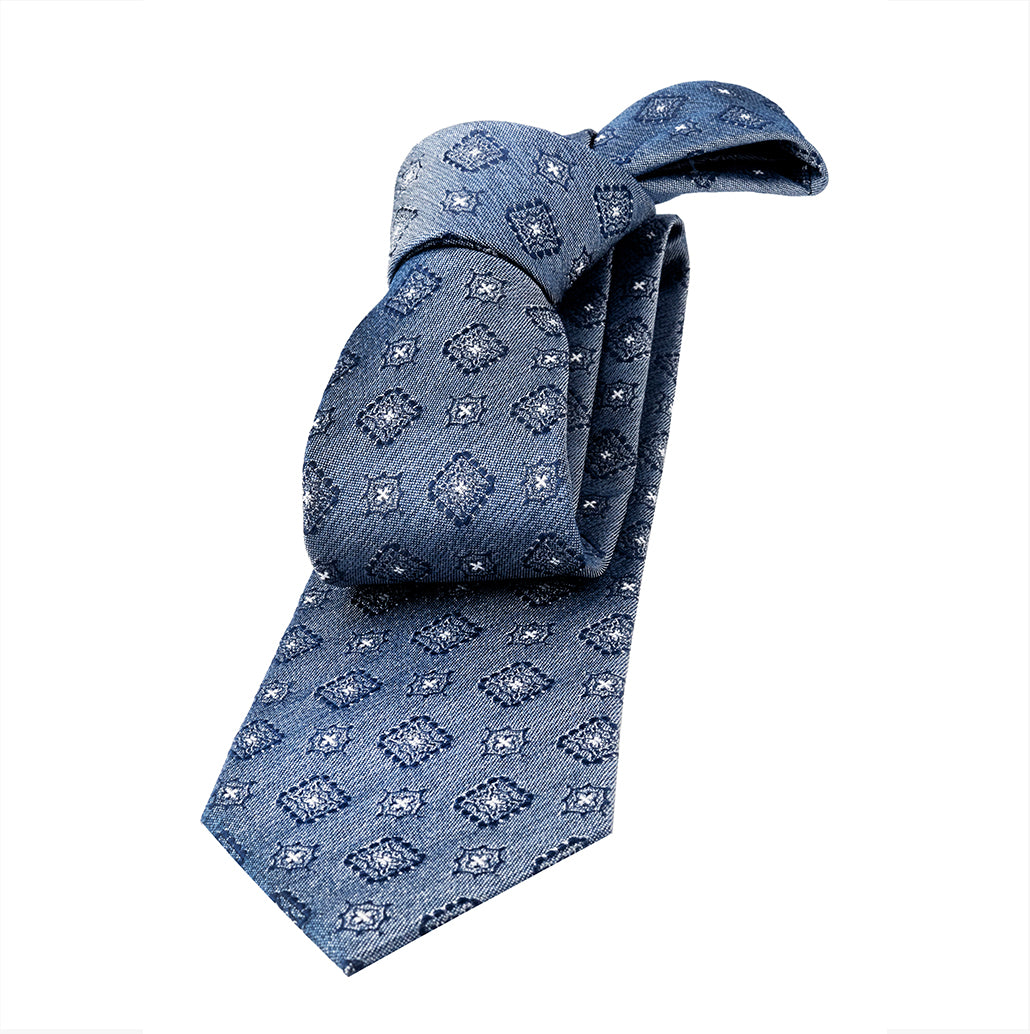 Grey, Navy & Silver Medallion Foulard Silk Tie
