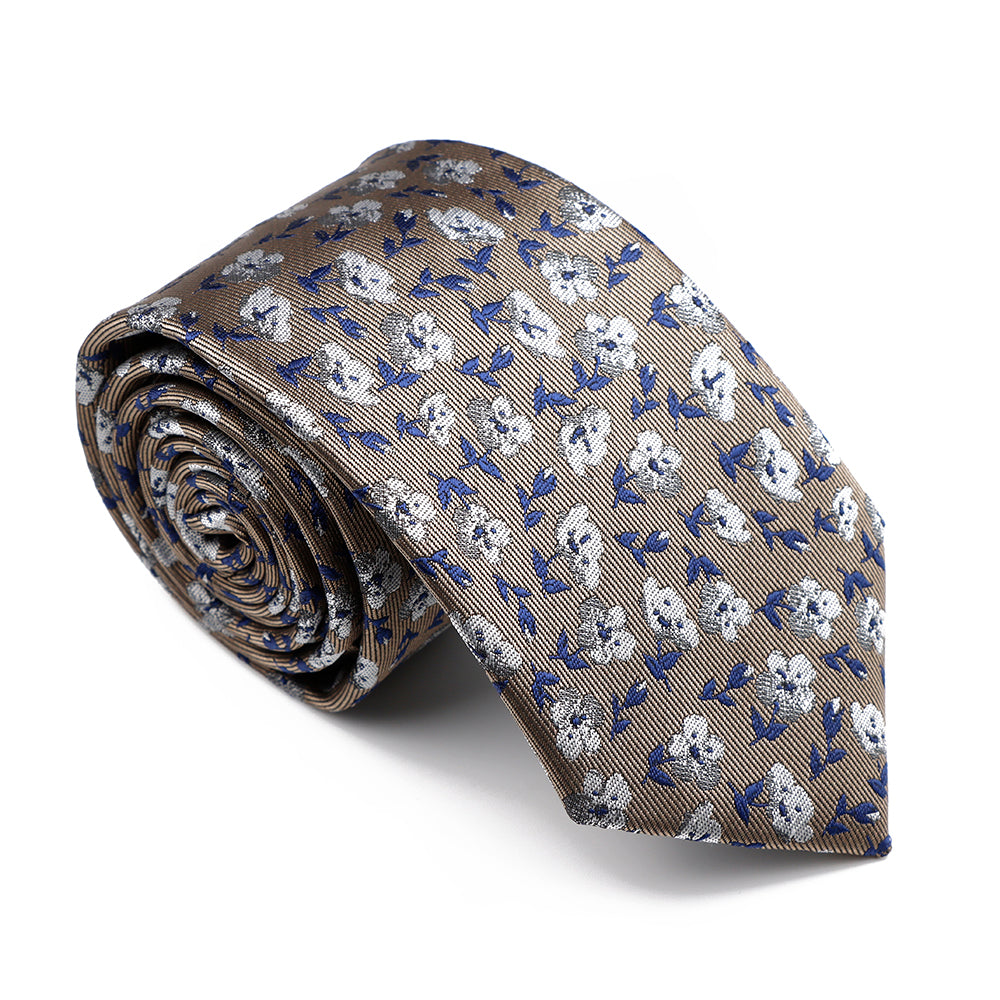 Grey, Silver & Blue Floral Polyester Tie