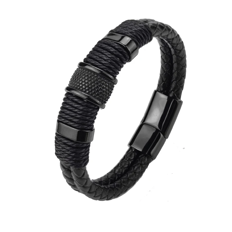Black Leather Rope Chain Stainless Steel Bracelet