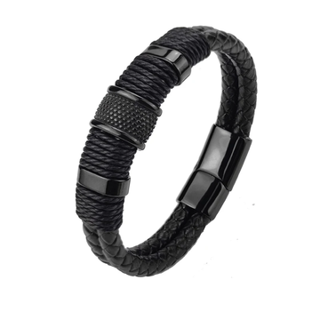 Black Leather Rope Chain Stainless Steel Bracelet