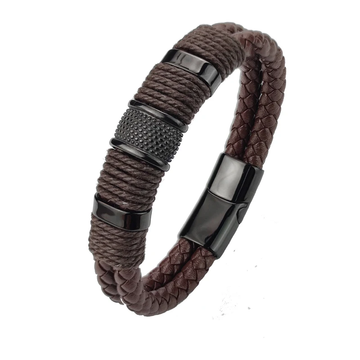 Brown Leather & Black Stainless  Steel Ropechain Bracelet