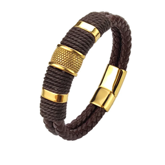 Brown Leather & Gold Stainless Steel  Ropechain Bracelet