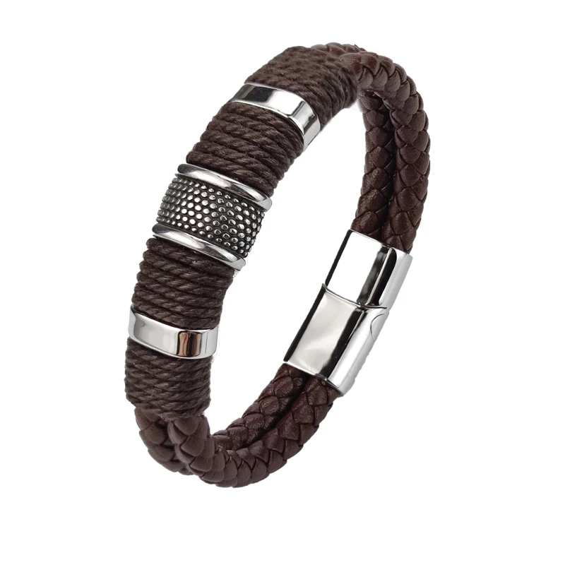 Brown Leather & Silver Stainless Steel Ropechain Bracelet 