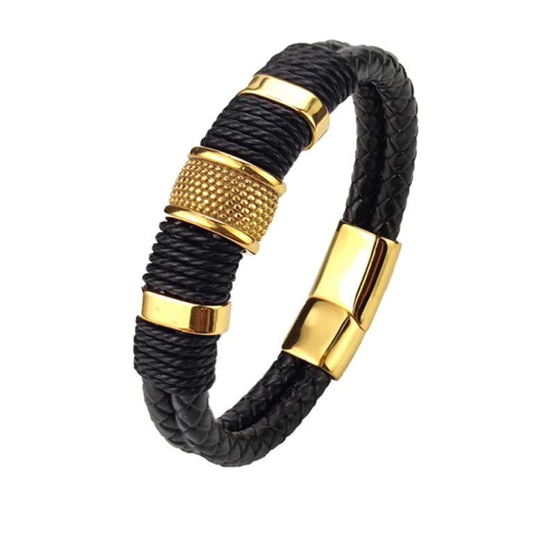 Black Leather & Gold Stainless Steel Bracelet 