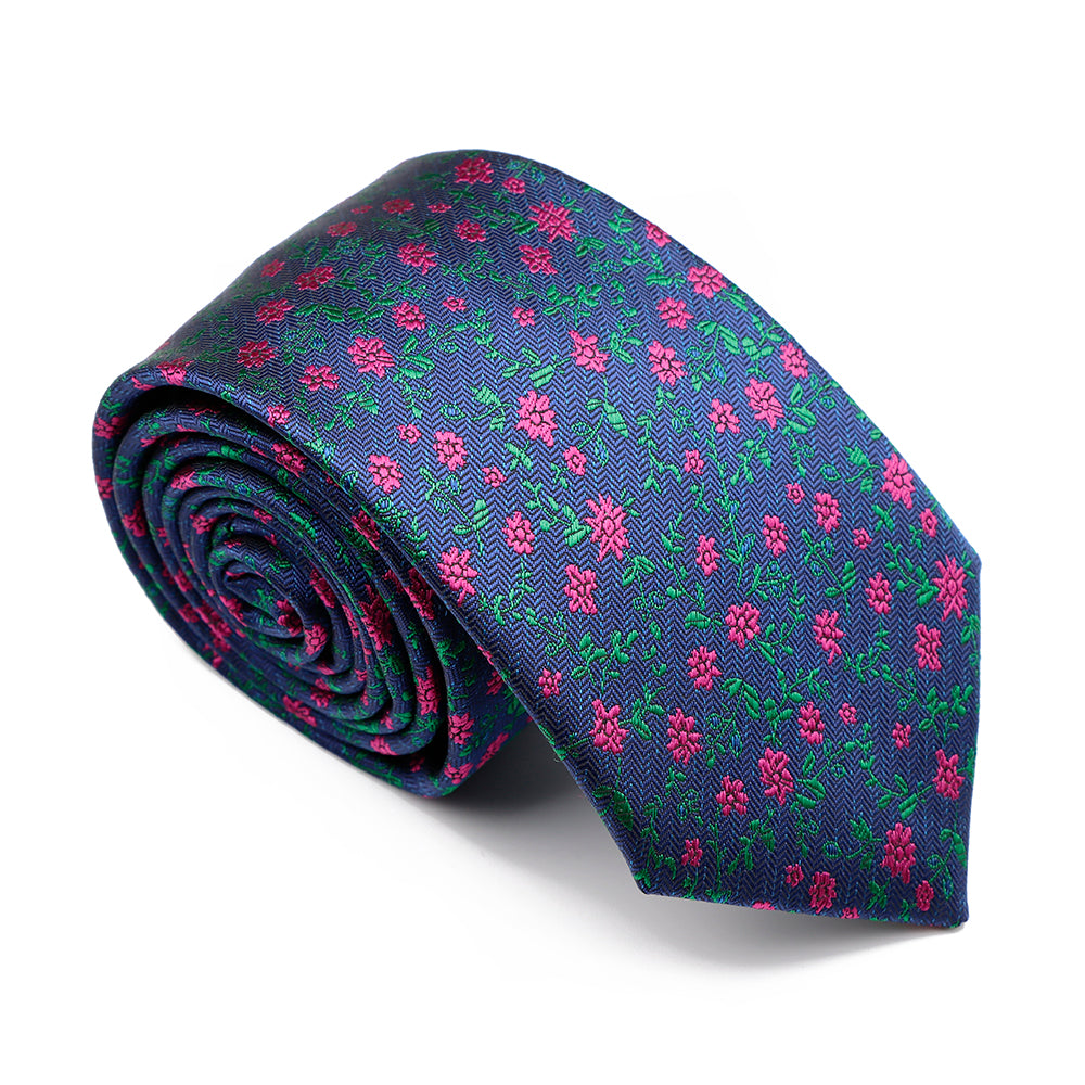 Blue, Green & Pink Floral Polyester Tie 
