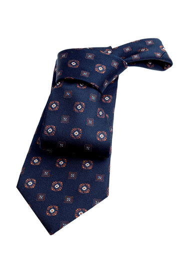 Navy & Orange Geometric Foulard Silk Tie