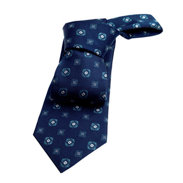 Navy & Turquoise Geometric Foulard Silk Tie