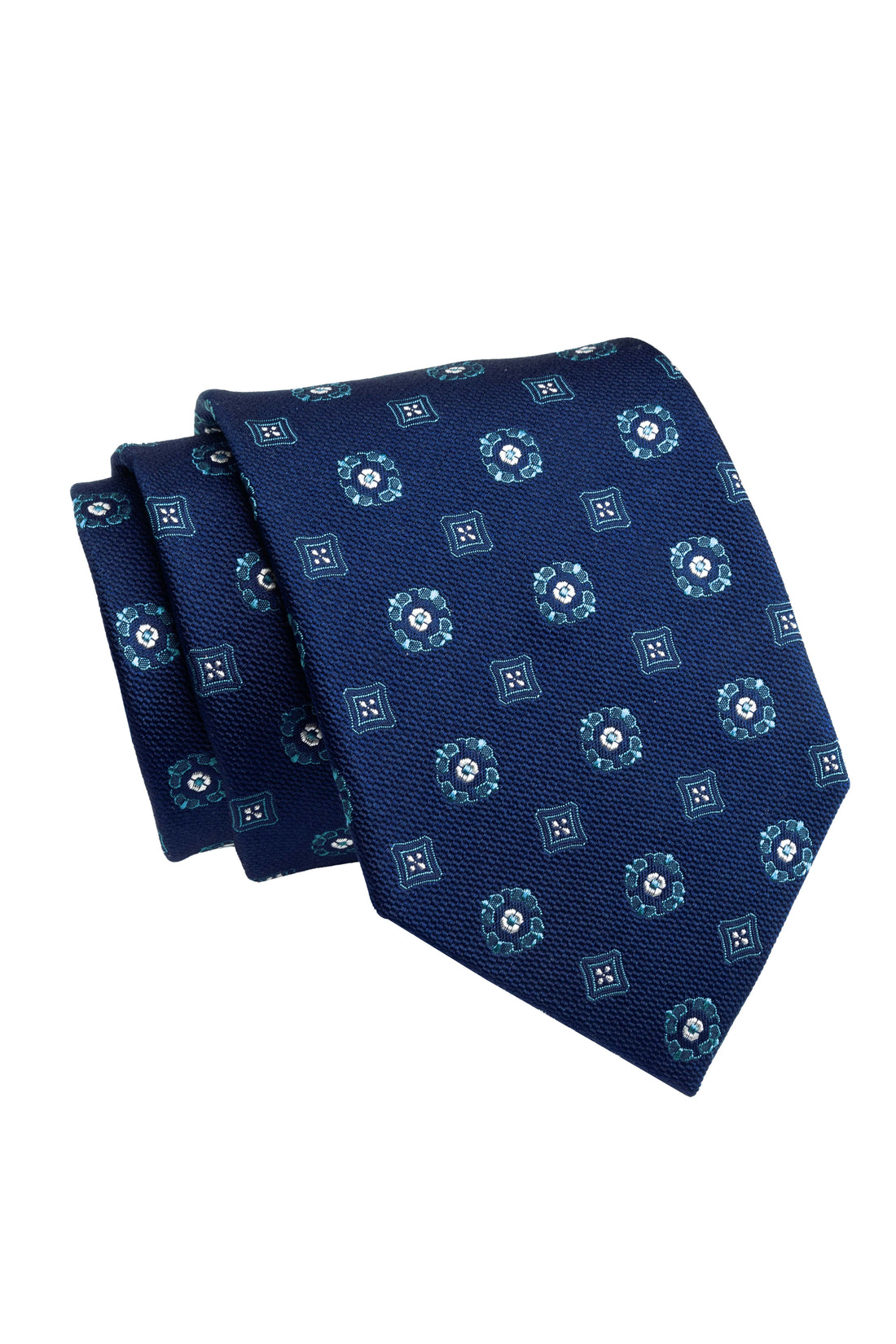 Navy & Turquoise Geometric Foulard Silk Tie
